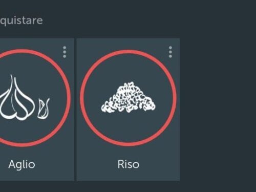 Screenshot dell'interfaccia dell'app Bring che mostra la sezione Da acquistare con le icone per Aglio e Riso.