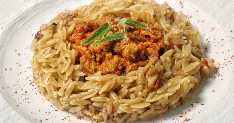Kritharaki con Peperone, Salciccia e Skyr piccante