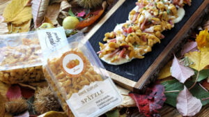 Spätzle alla Zucca con Speck, Timo e Graukäse