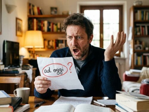 Man with a surprised expression holds a paper that says 'ad. oggi?' at a cluttered home office desk with books and a mug nearby.