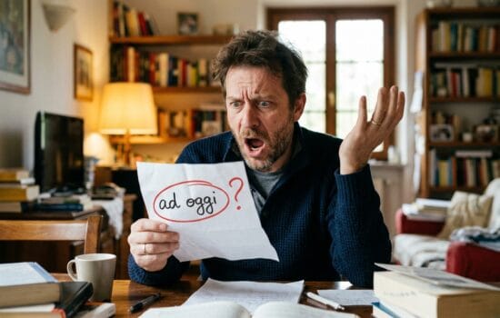 Man with a surprised expression holds a paper that says 'ad. oggi?' at a cluttered home office desk with books and a mug nearby.