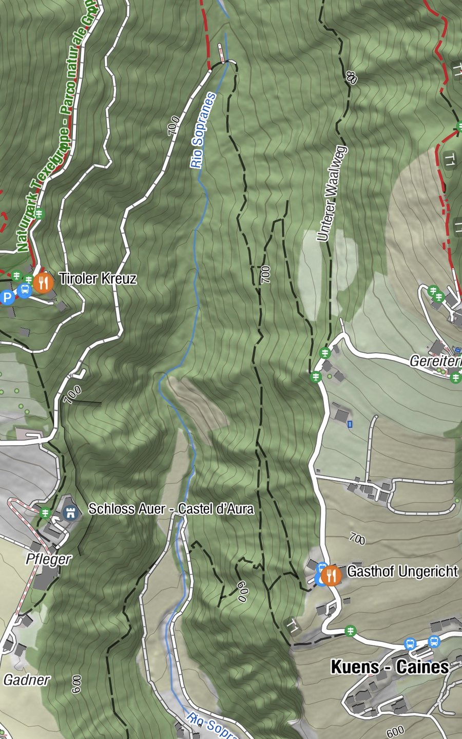 Mappa del sentiero a U da Castel d'Aura, sopra Tirolo, a Caines attraverso la valle del rio Sopranes