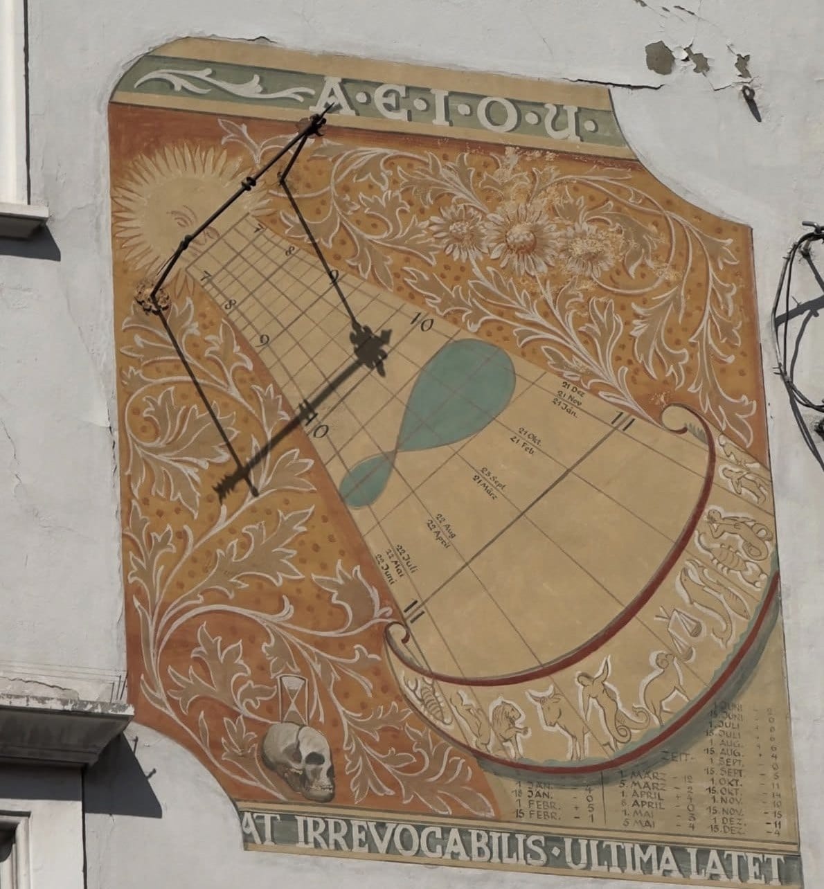 Meridiana dipinta in via delle Corse 73 a Merano, con il motto A·E·I·O·U, teschio, clessidra, segni zodiacali e la scritta latina VOLAT IRREVOCABILIS ULTIMA LATET
